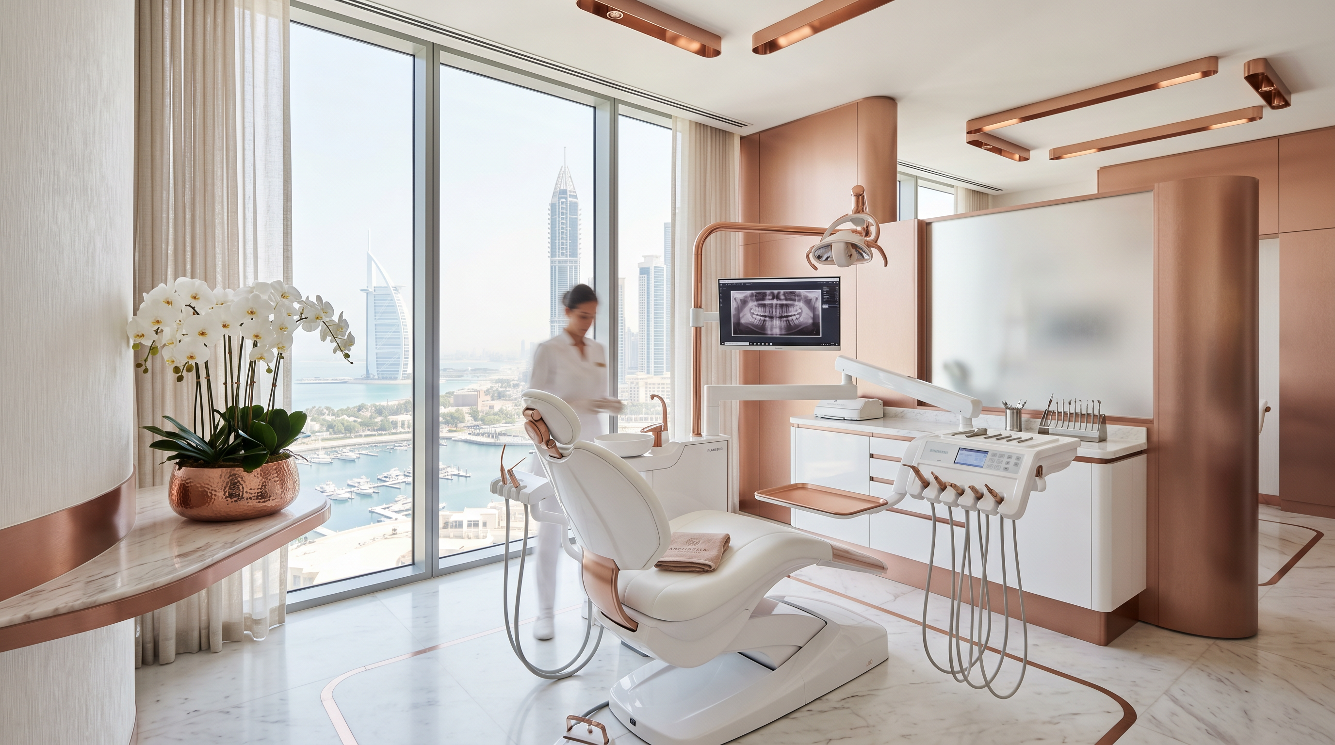 Luxury dental clinic interior in Dubai with rose-gold and white tones